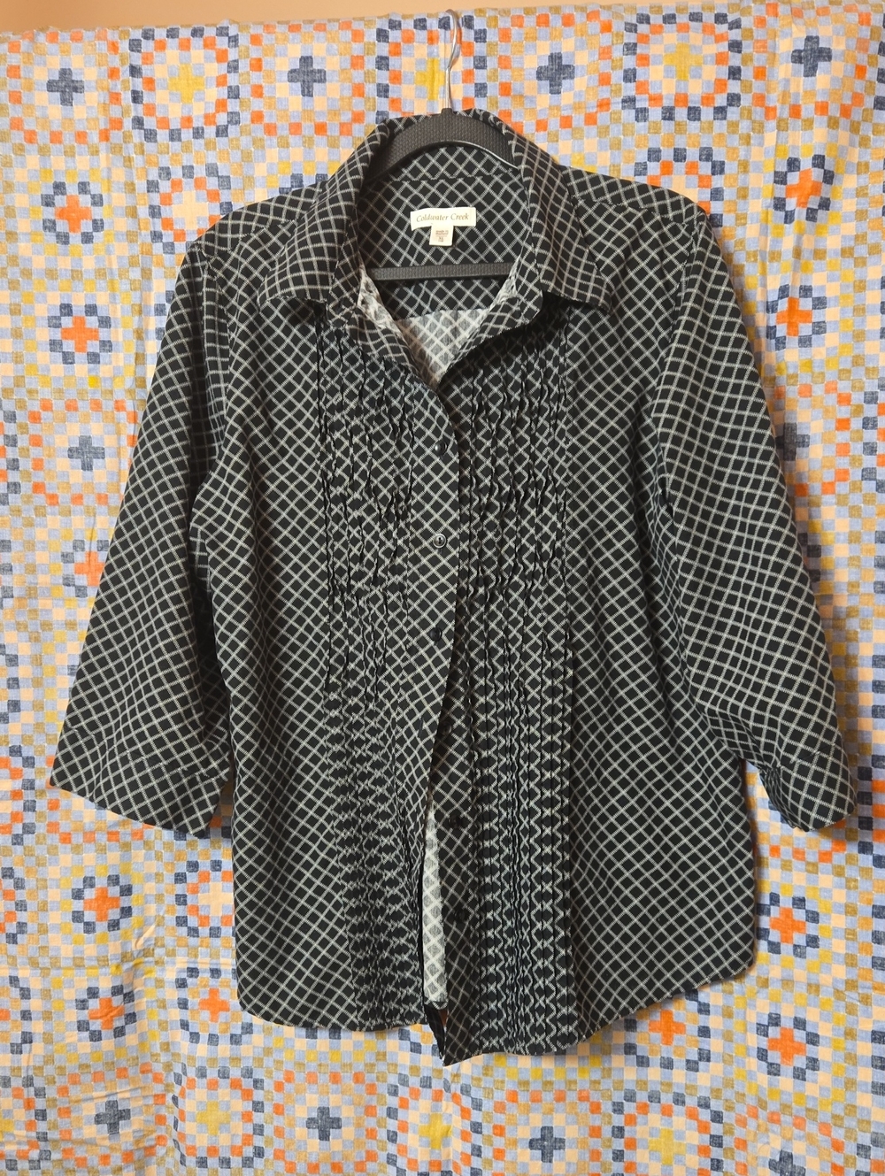 Coldwater Creek Pintucked Blouse Black White Diamond Print XL